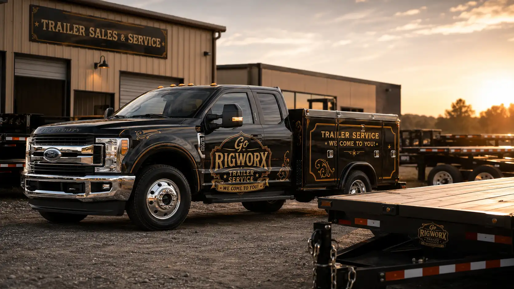 GoRigworx black service-body truck beside flatbed trailers at golden hour
