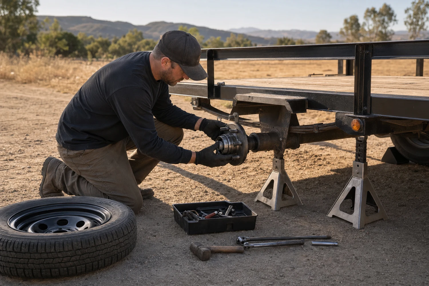 Mobile technician servicing a utility trailer axle and hub at a field jobsite