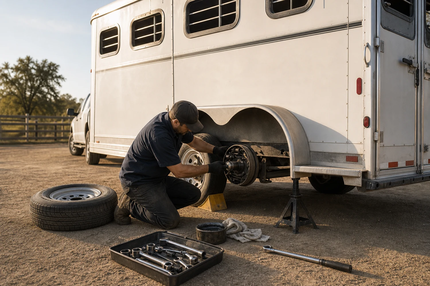 Mobile technician servicing trailer running gear beside a horse trailer