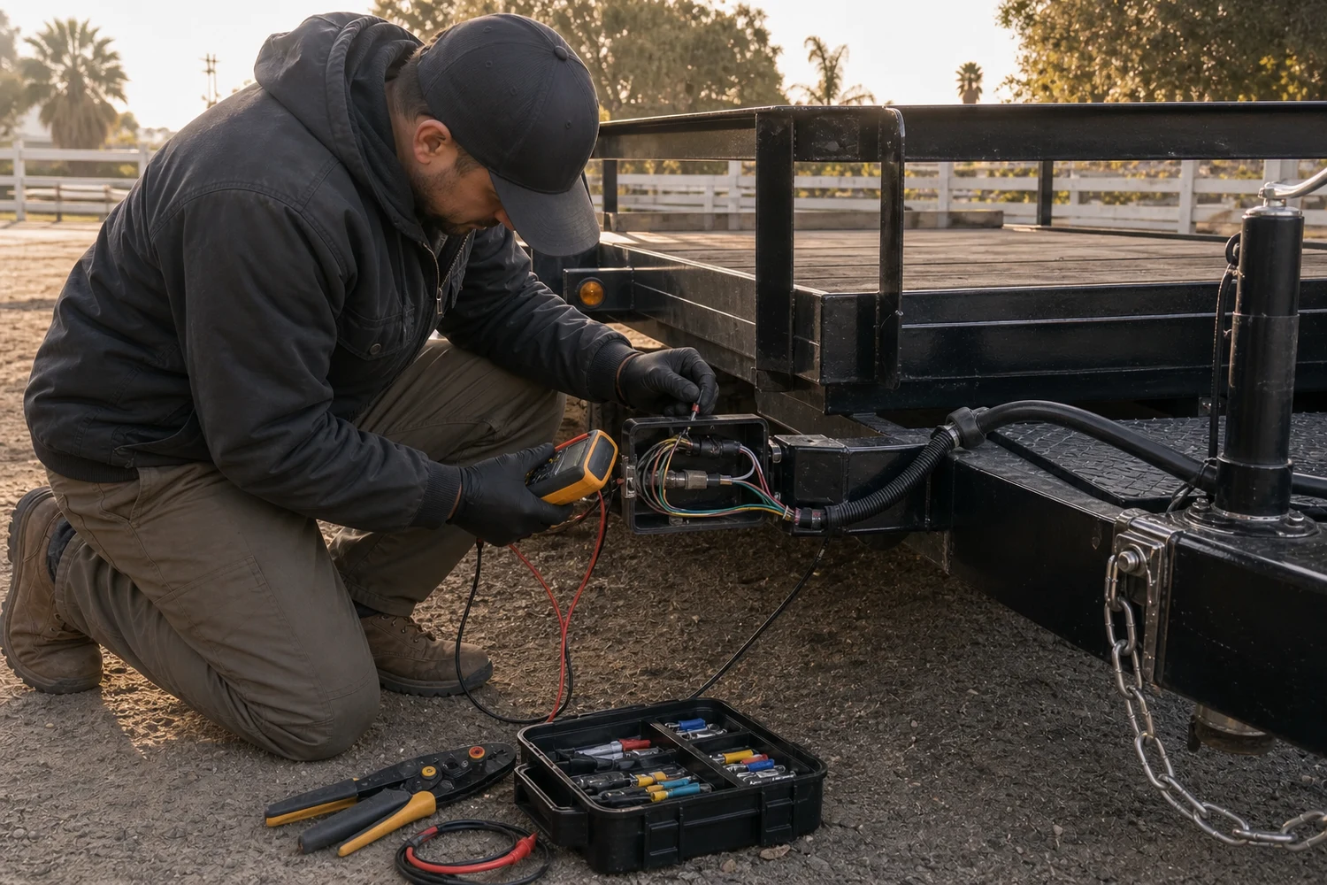Mobile technician diagnosing utility trailer wiring and lighting with a multimeter
