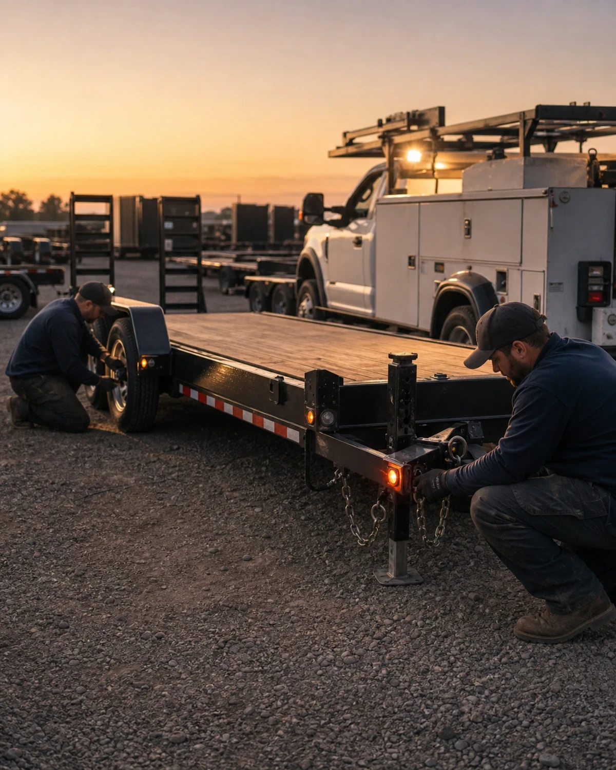 Technicians inspecting a commercial trailer beside a fleet service truck