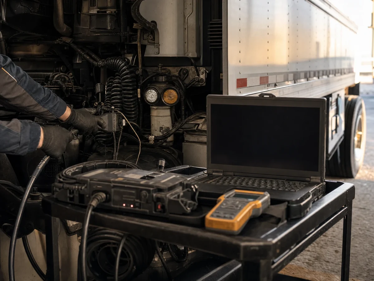 Diagnostic equipment being used during a commercial vehicle inspection