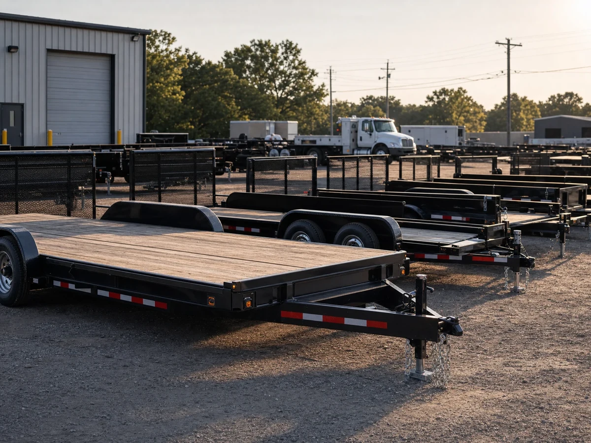 Commercial trailers arranged in an organized fleet yard