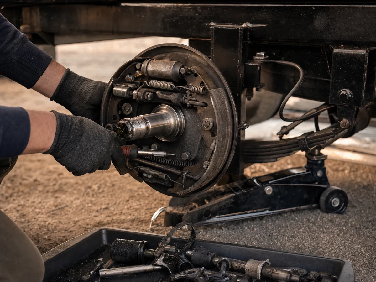 Technician repairing a commercial trailer brake assembly