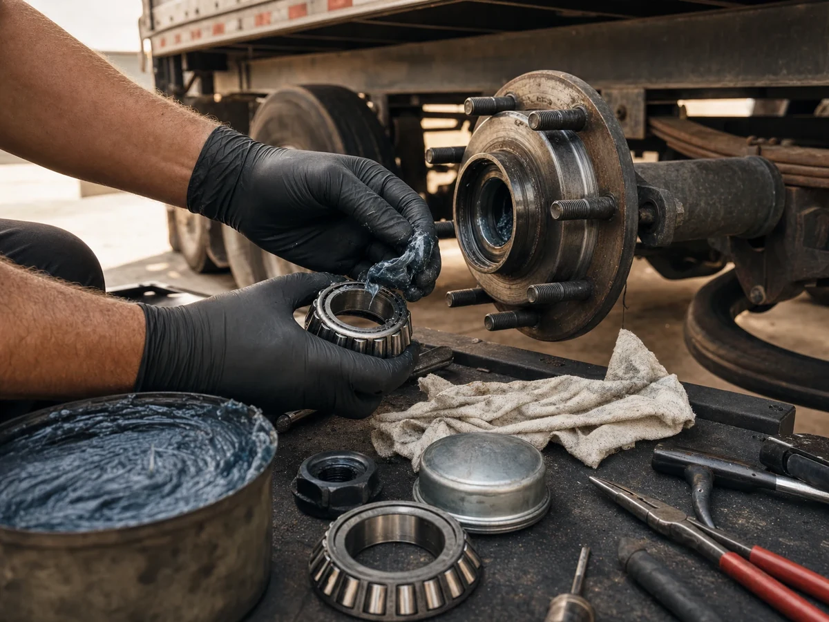 Trailer wheel hub undergoing preventive bearing maintenance