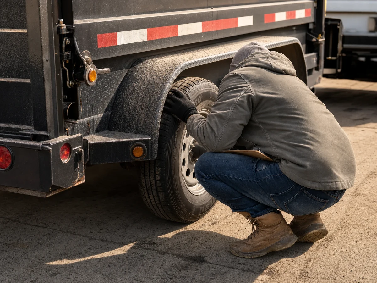 Technician performing a safety inspection on a commercial trailer