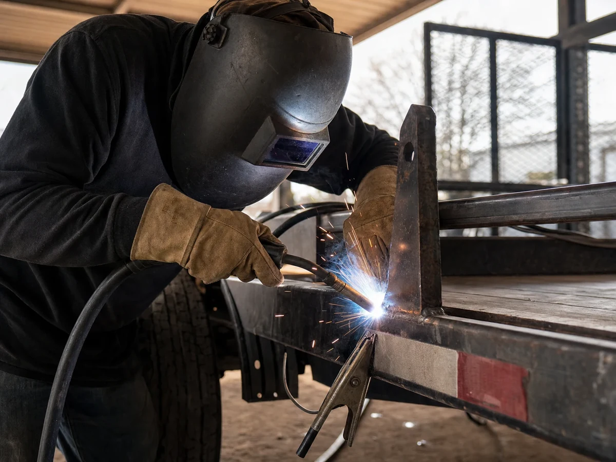 Technician welding a metal component during trailer fabrication