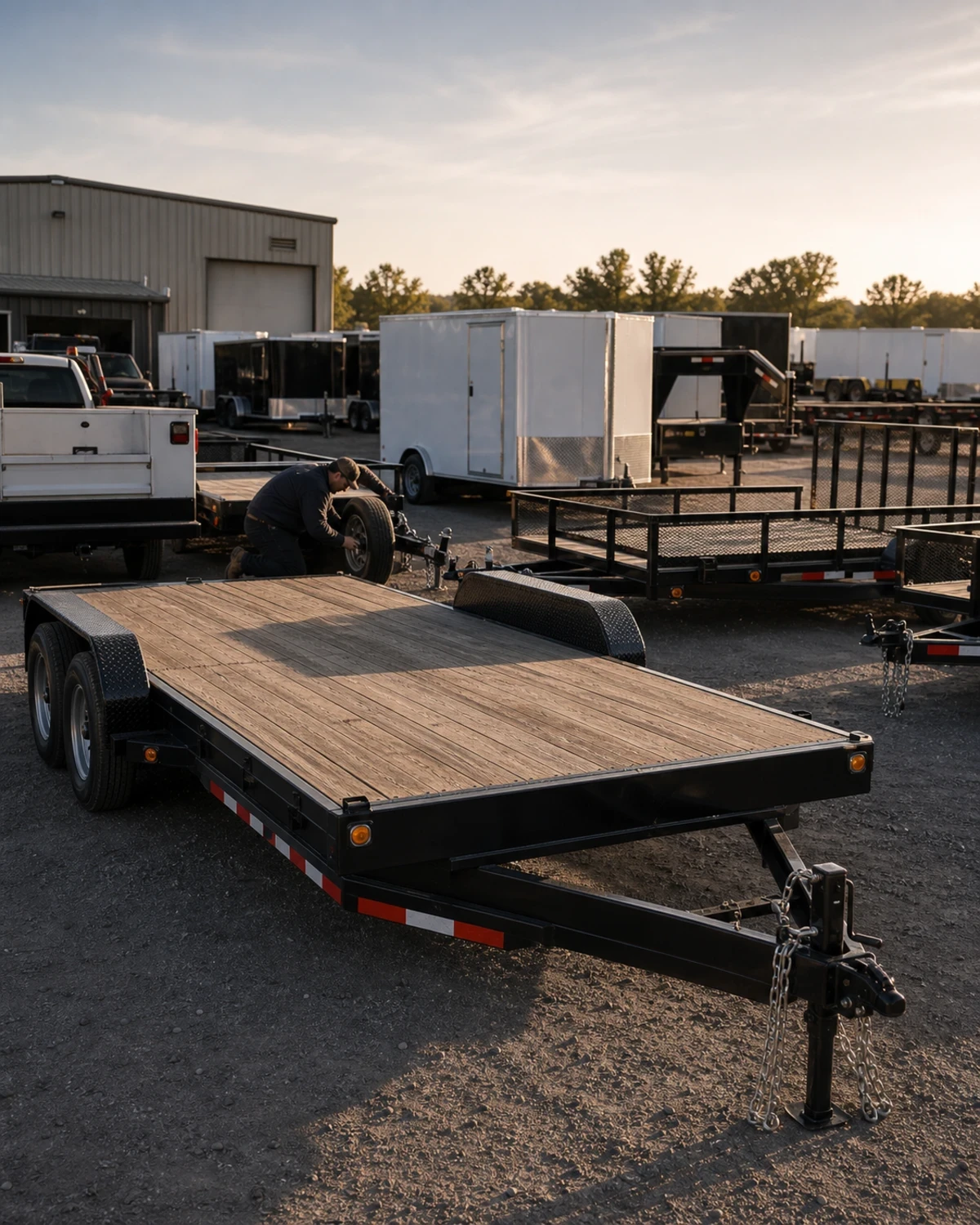 Commercial trailers organized in a fleet service yard