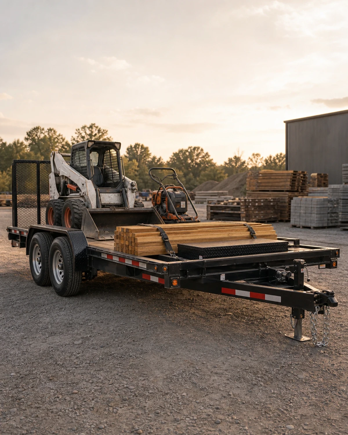 Construction equipment and materials secured on a utility trailer