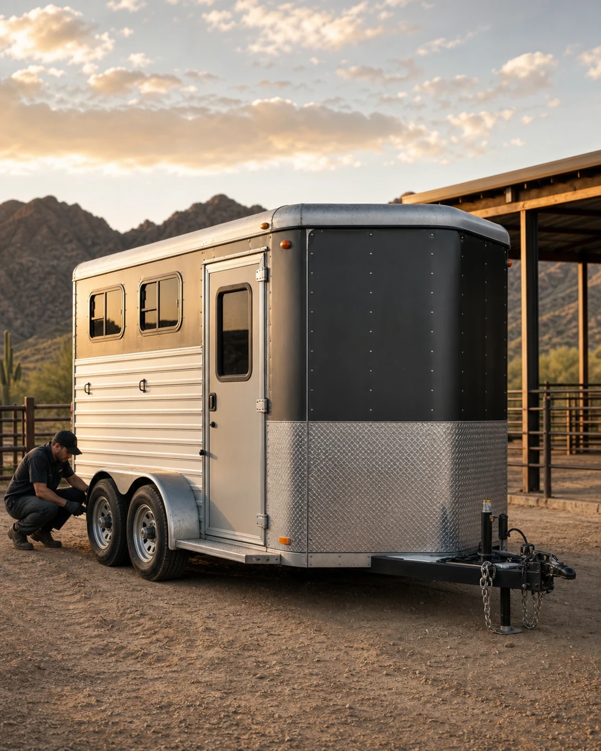 Technician inspecting a horse trailer at a ranch