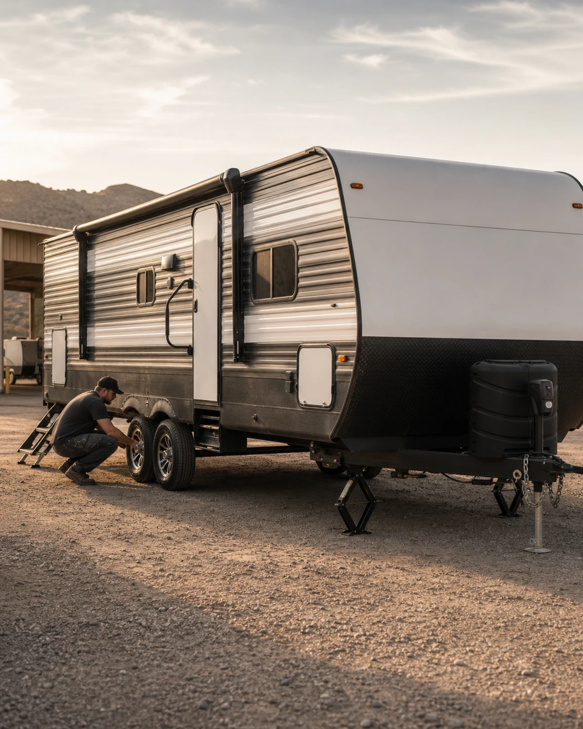 Technician inspecting a recreational travel trailer