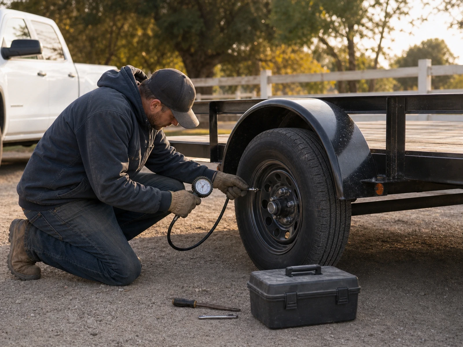 Technician checking tire pressure on a utility trailer at a customer property